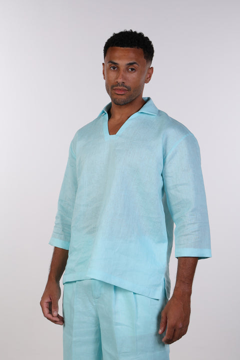 THE LINEN V-NECK SHIRT — MENS TEAL