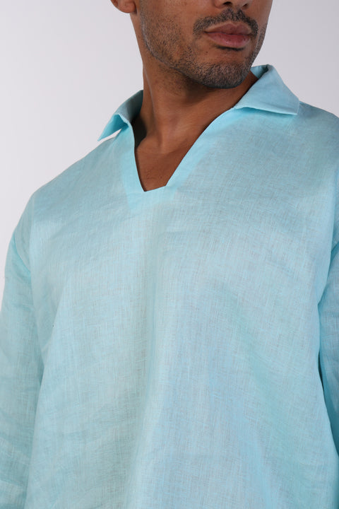 THE LINEN V-NECK SHIRT — MENS TEAL