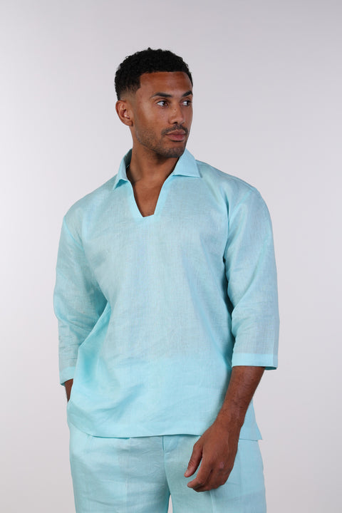 THE LINEN V-NECK SHIRT — MENS TEAL