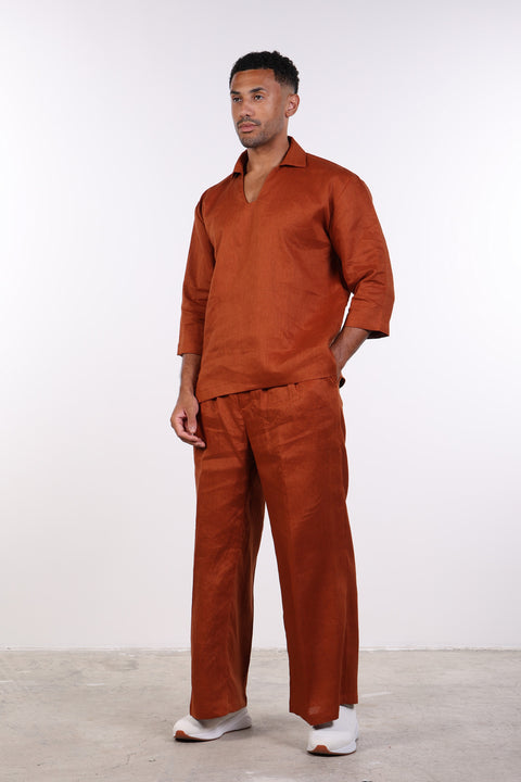 THE LINEN V-NECK SHIRT — MENS BURNT ORANGE