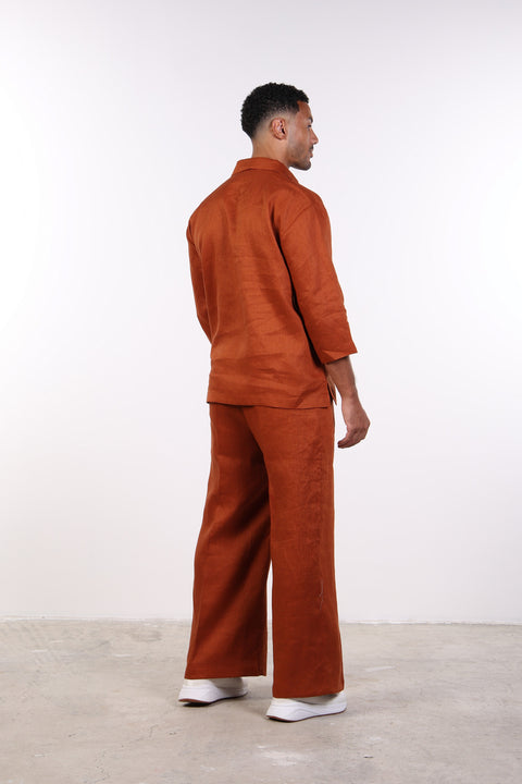 THE LINEN V-NECK SHIRT — MENS BURNT ORANGE
