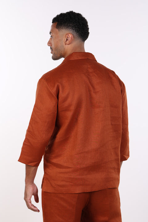 THE LINEN V-NECK SHIRT — MENS BURNT ORANGE