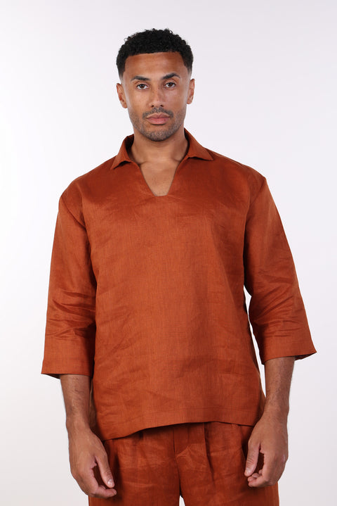 THE LINEN V-NECK SHIRT — MENS BURNT ORANGE
