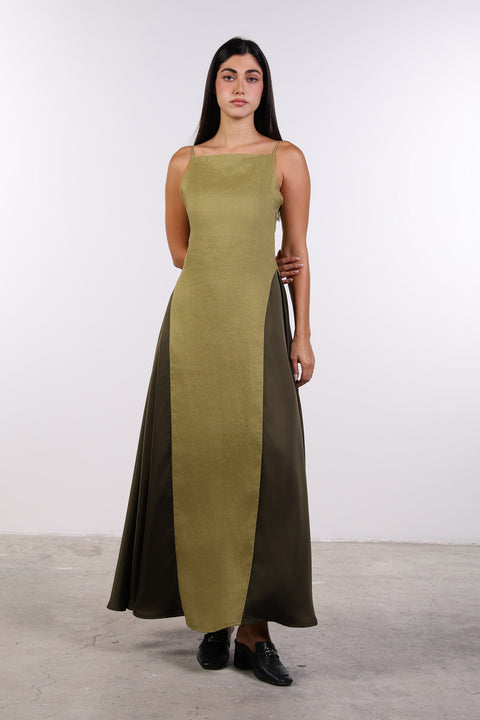 SILK PANEL LINEN DRESS — WOMENS MOSS GREEN
