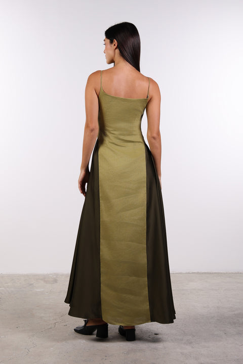SILK PANEL LINEN DRESS — WOMENS MOSS GREEN