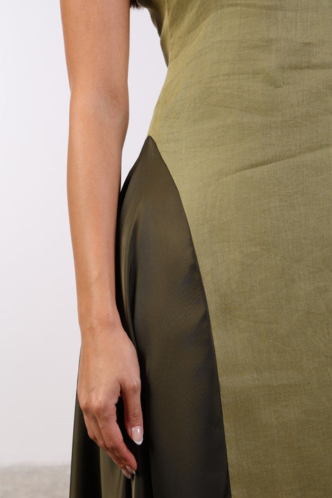 SILK PANEL LINEN DRESS — WOMENS MOSS GREEN