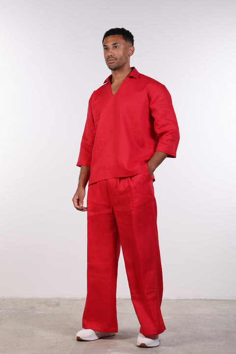 THE LINEN V-NECK SHIRT — MENS RED