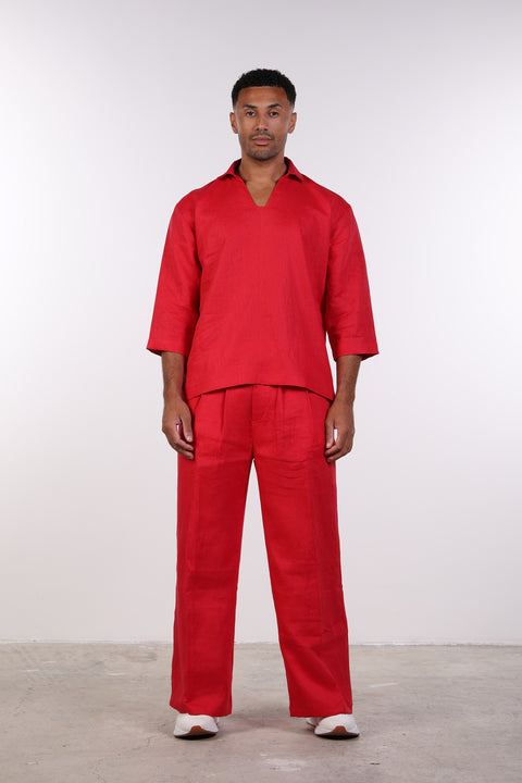 THE LINEN V-NECK SHIRT — MENS RED