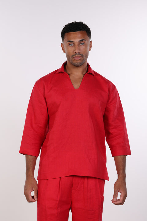 THE LINEN V-NECK SHIRT — MENS RED