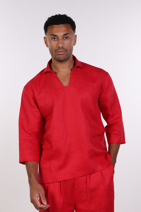 THE LINEN V-NECK SHIRT — MENS RED