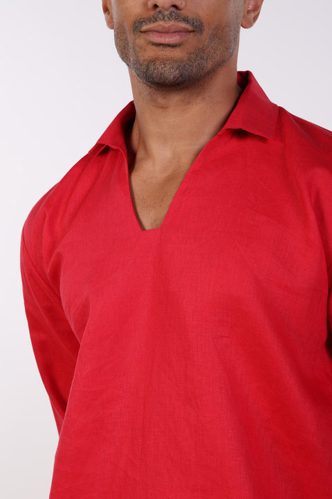 THE LINEN V-NECK SHIRT — MENS RED