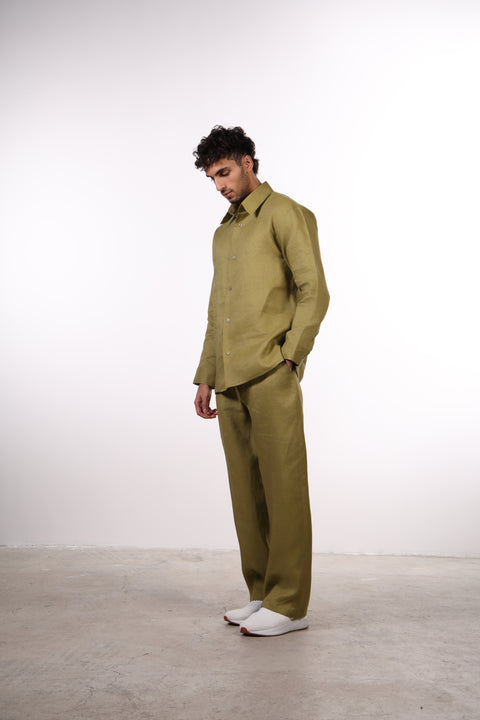 THE CLASSIC LINEN LONG SLEEVES SHIRT — MENS MOSS GREEN
