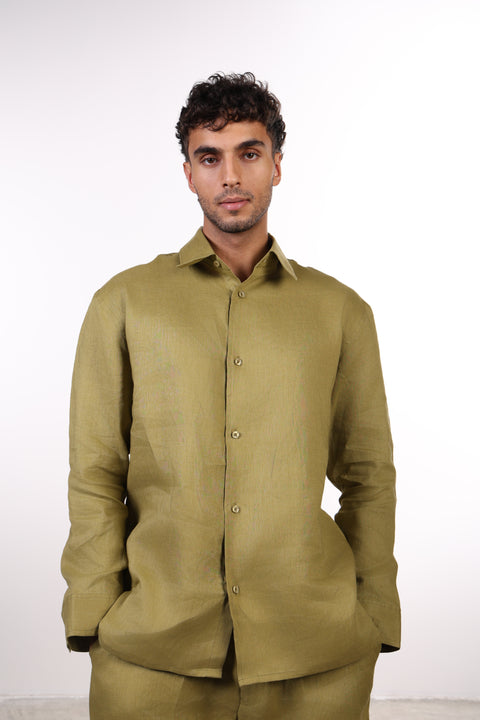 THE CLASSIC LINEN LONG SLEEVES SHIRT — MENS MOSS GREEN