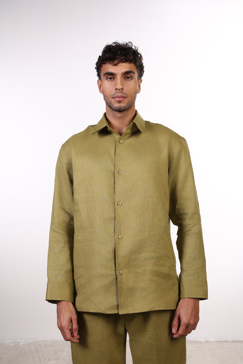 THE CLASSIC LINEN LONG SLEEVES SHIRT — MENS MOSS GREEN