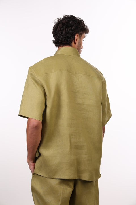 THE CLASSIC LINEN HALF SLEEVES SHIRT — MENS MOSS GREEN