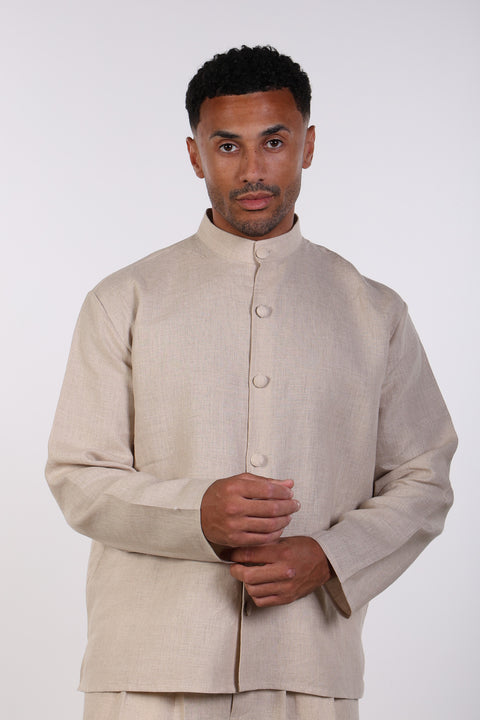 THE LINEN BUTTON-UP SHIRT — MENS BEIGE