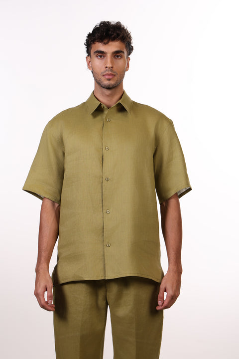 THE CLASSIC LINEN HALF SLEEVES SHIRT — MENS MOSS GREEN