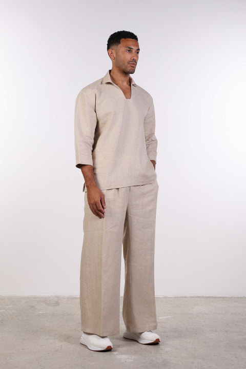 THE LINEN V-NECK SHIRT — MENS BEIGE