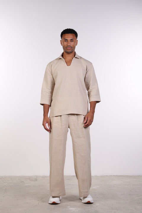THE LINEN V-NECK SHIRT — MENS BEIGE