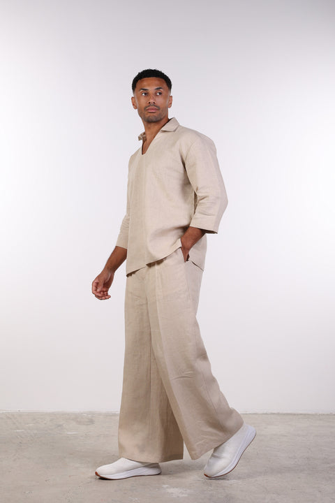 THE LINEN V-NECK SHIRT — MENS BEIGE