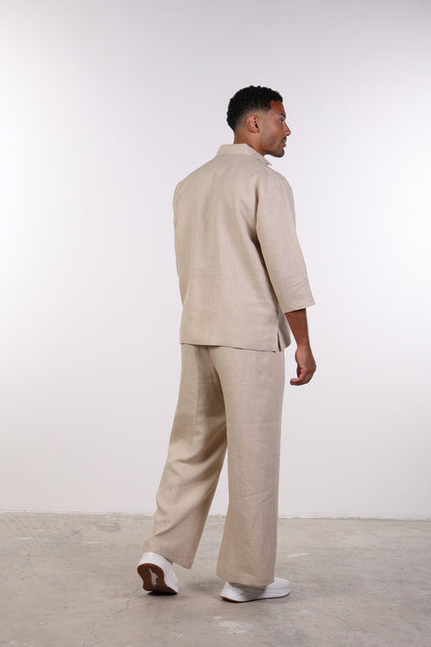 THE LINEN V-NECK SHIRT — MENS BEIGE