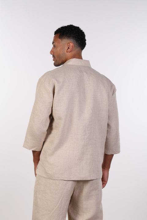 THE LINEN V-NECK SHIRT — MENS BEIGE