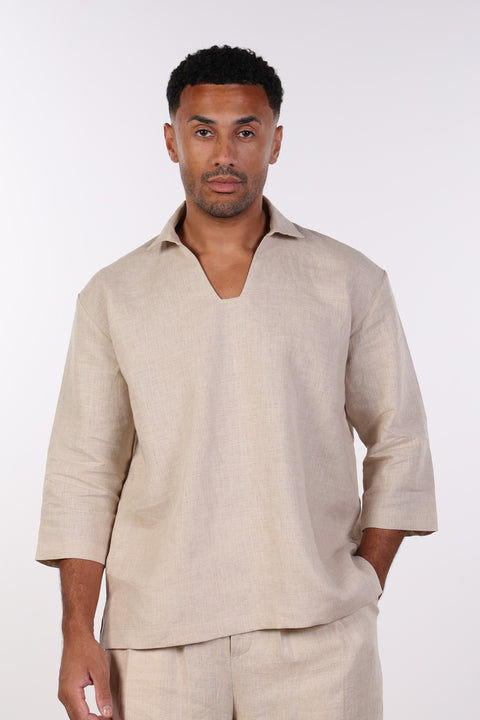 THE LINEN V-NECK SHIRT — MENS BEIGE