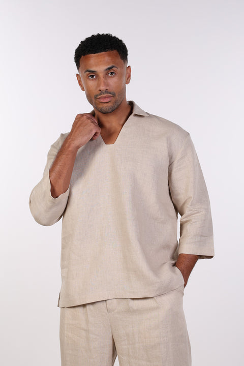 THE LINEN V-NECK SHIRT — MENS BEIGE