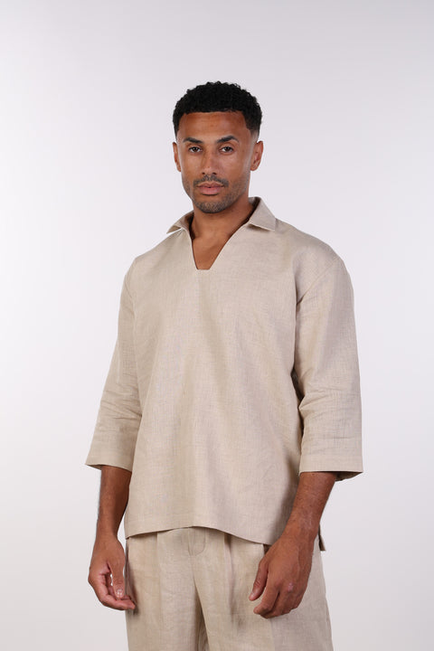 THE LINEN V-NECK SHIRT — MENS BEIGE