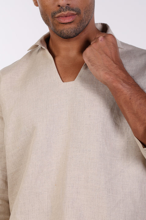THE LINEN V-NECK SHIRT — MENS BEIGE