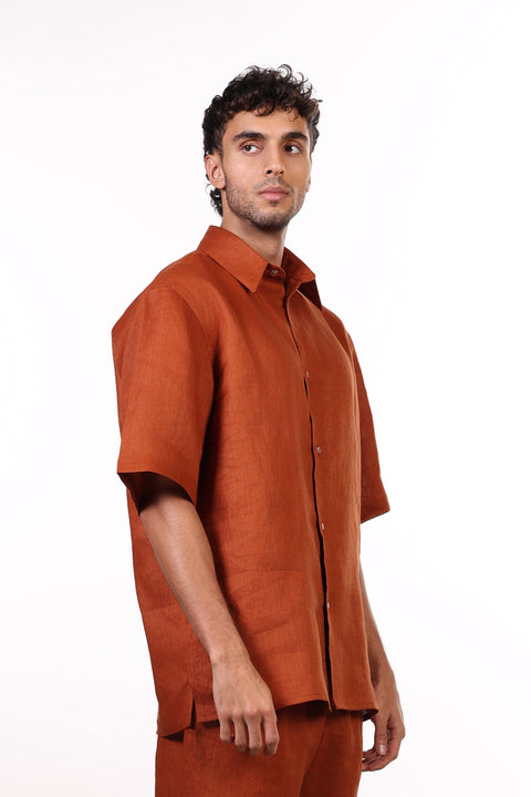 THE CLASSIC LINEN HALF SLEEVES SHIRT — MENS BURNT ORANGE