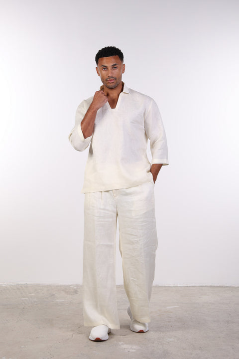 THE LINEN V-NECK SHIRT — MENS OFF WHITE