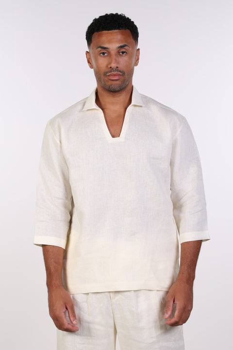THE LINEN V-NECK SHIRT — MENS OFF WHITE
