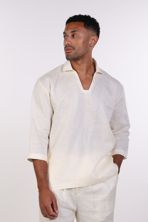 THE LINEN V-NECK SHIRT — MENS OFF WHITE