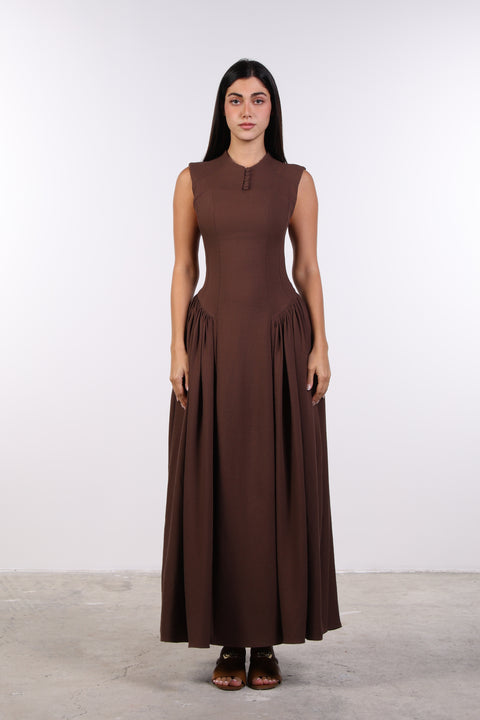 PANELLED MAXI DRESS SLEEVELESS — WOMENS BROWN