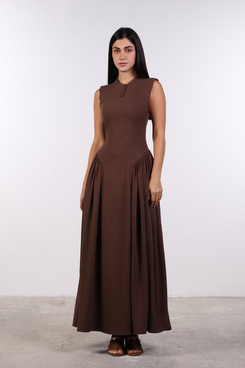 PANELLED MAXI DRESS SLEEVELESS — WOMENS BROWN