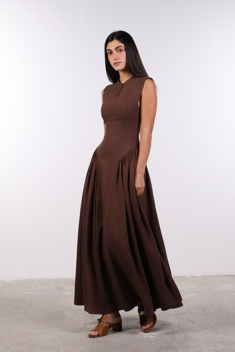 PANELLED MAXI DRESS SLEEVELESS — WOMENS BROWN