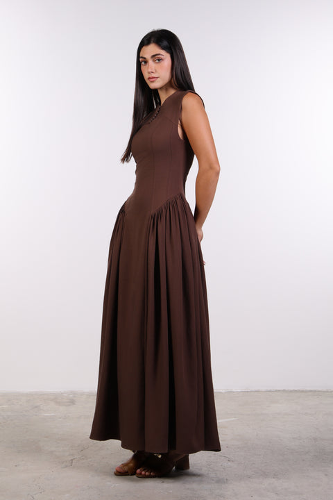 PANELLED MAXI DRESS SLEEVELESS — WOMENS BROWN