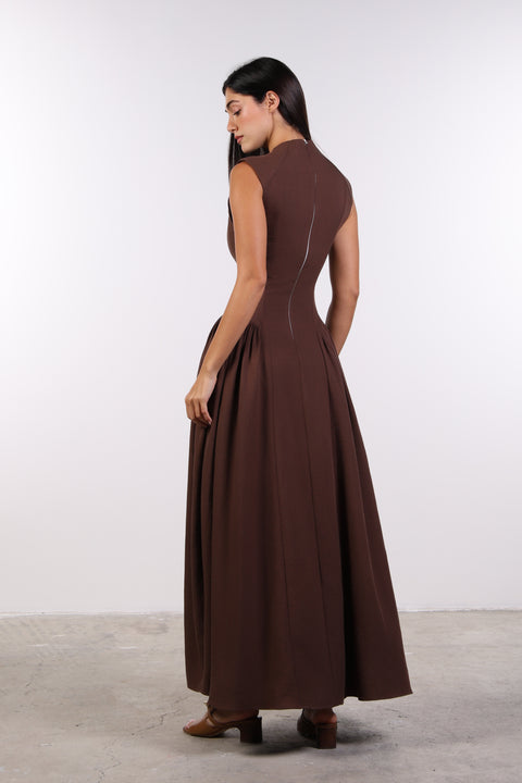 PANELLED MAXI DRESS SLEEVELESS — WOMENS BROWN