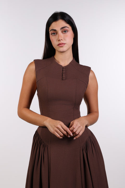 PANELLED MAXI DRESS SLEEVELESS — WOMENS BROWN