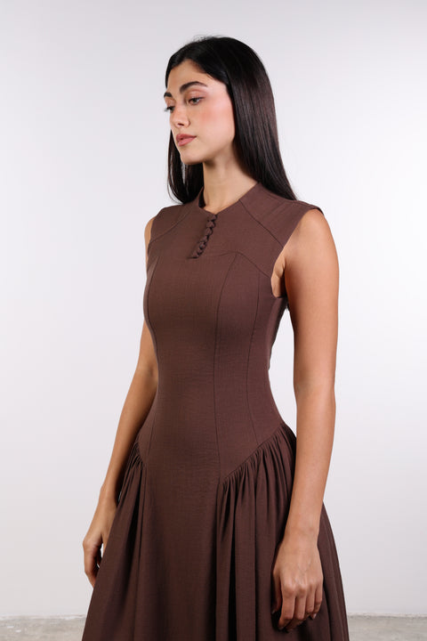 PANELLED MAXI DRESS SLEEVELESS — WOMENS BROWN