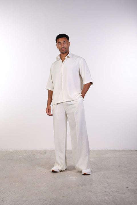 THE DOUBLE-PLEAT LINEN BLEND PANTS  — MENS OFF WHITE