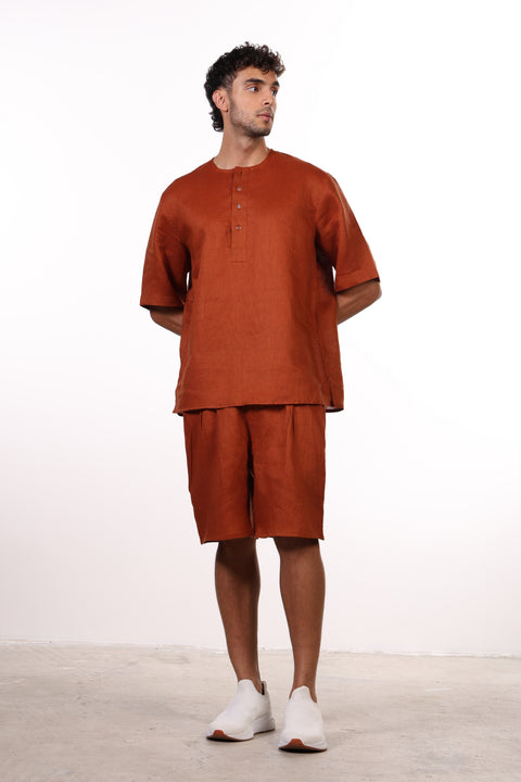 THE SHORE LINEN HALF SLEEVES SHIRT — MENS BURNT ORANGE