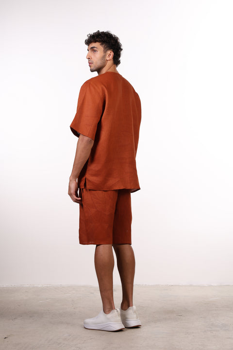 THE SHORE LINEN HALF SLEEVES SHIRT — MENS BURNT ORANGE