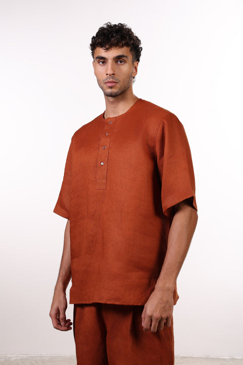 THE SHORE LINEN HALF SLEEVES SHIRT — MENS BURNT ORANGE