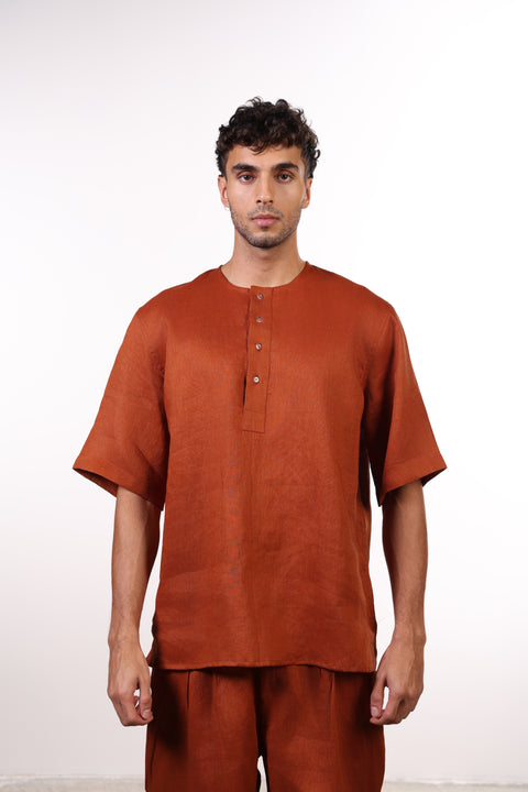 THE SHORE LINEN HALF SLEEVES SHIRT — MENS BURNT ORANGE
