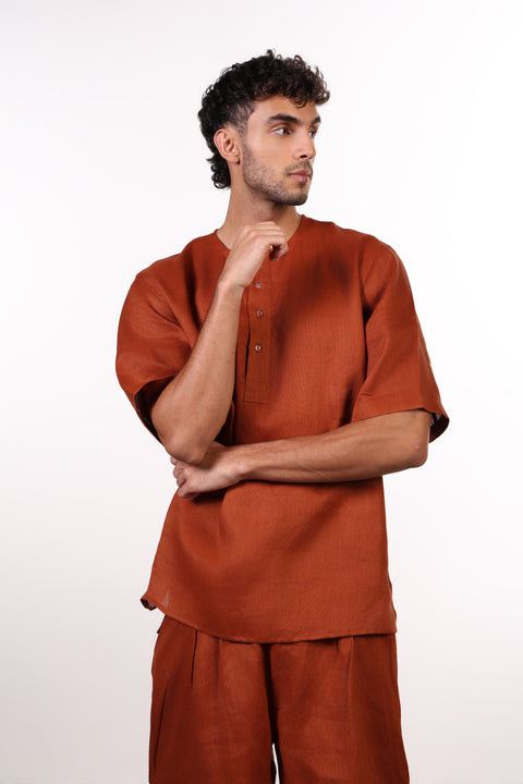 THE SHORE LINEN HALF SLEEVES SHIRT — MENS BURNT ORANGE
