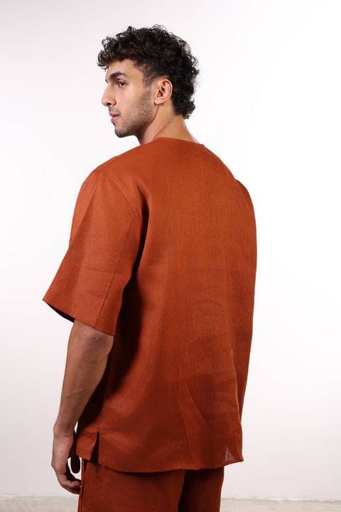 THE SHORE LINEN HALF SLEEVES SHIRT — MENS BURNT ORANGE