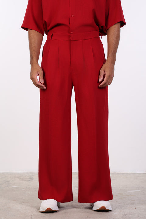 THE DOUBLE-PLEAT LINEN BLEND PANTS  — MENS RED