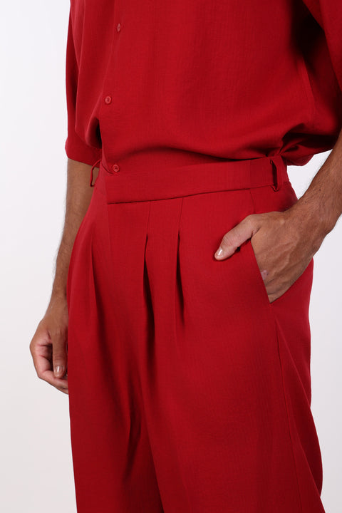 THE DOUBLE-PLEAT LINEN BLEND PANTS  — MENS RED